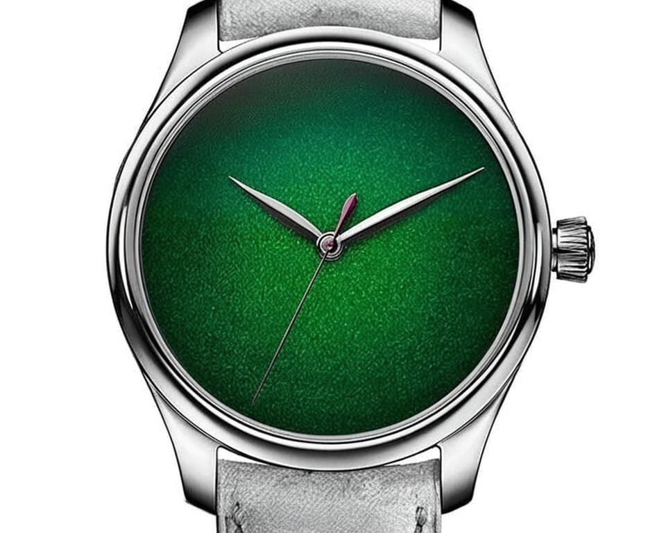 H. Moser & Cie green fumé dial watch showcasing signature minimalist concept design with gradient sunburst effect