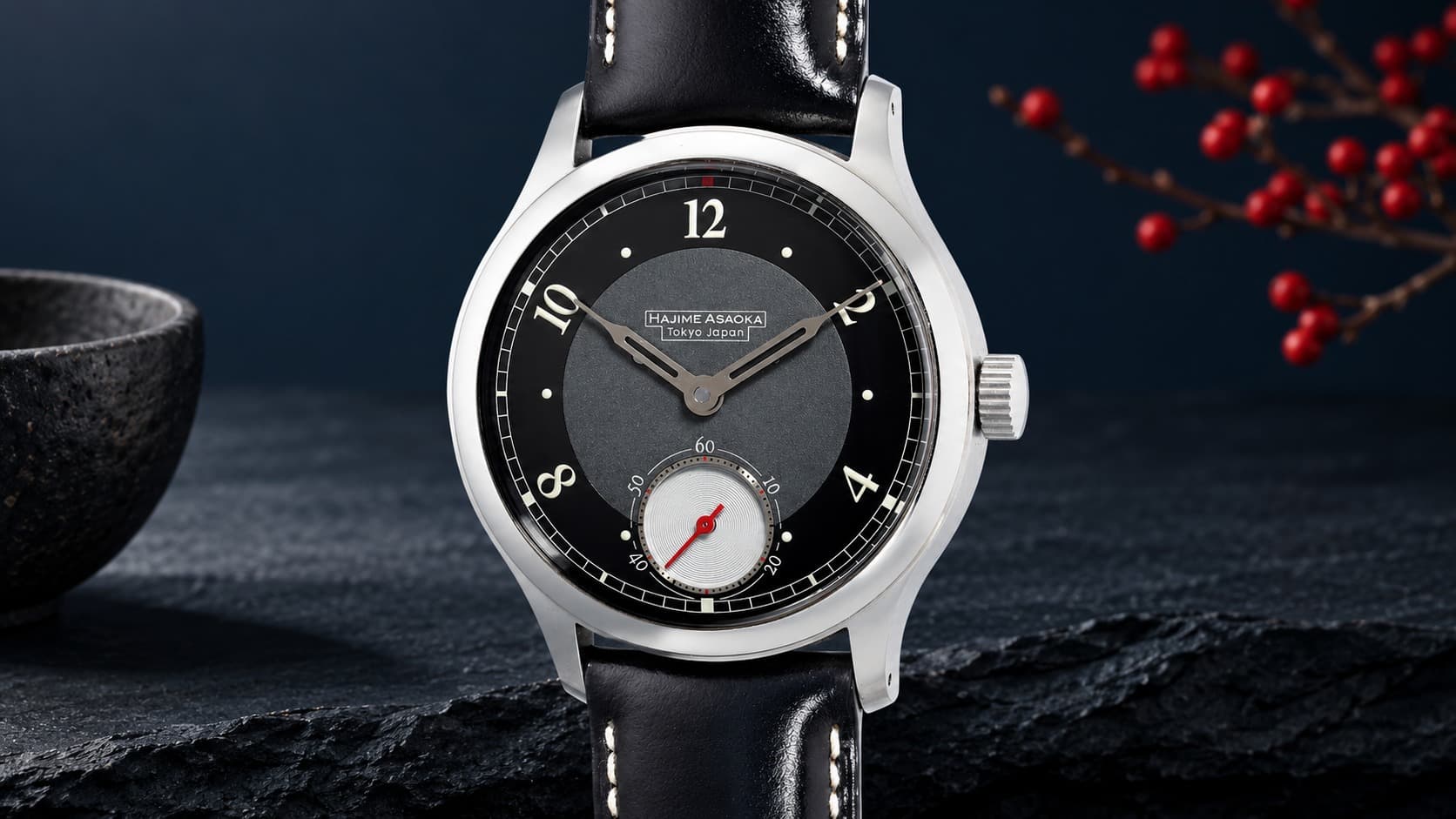 Hajime Asaoka Tsunami 16 watch with black dial and small seconds subdial