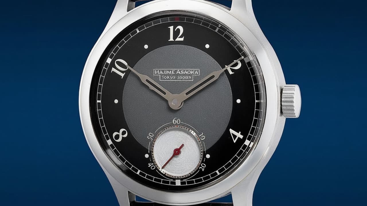 Hajime Asaoka watch with two-tone black dial, steel case and small seconds on blue background