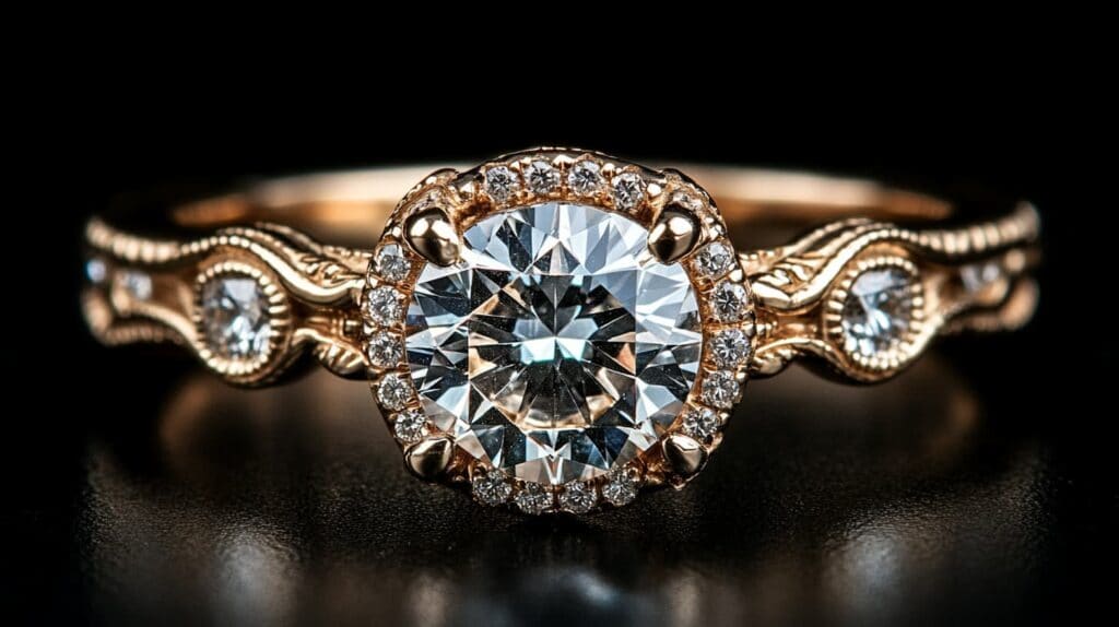 Close-up of a halo diamond engagement ring in a vintage design with rose gold and intricate detailing, showcasing timeless elegance.