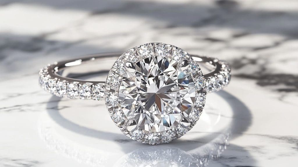 Halo diamond engagement ring with a round center stone and pavé diamonds, placed on a white marble surface, radiating brilliance and sophistication.