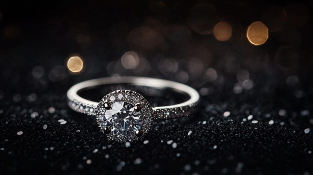 Halo diamond engagement ring with a sparkling center stone surrounded by pavé-set diamonds on a black background