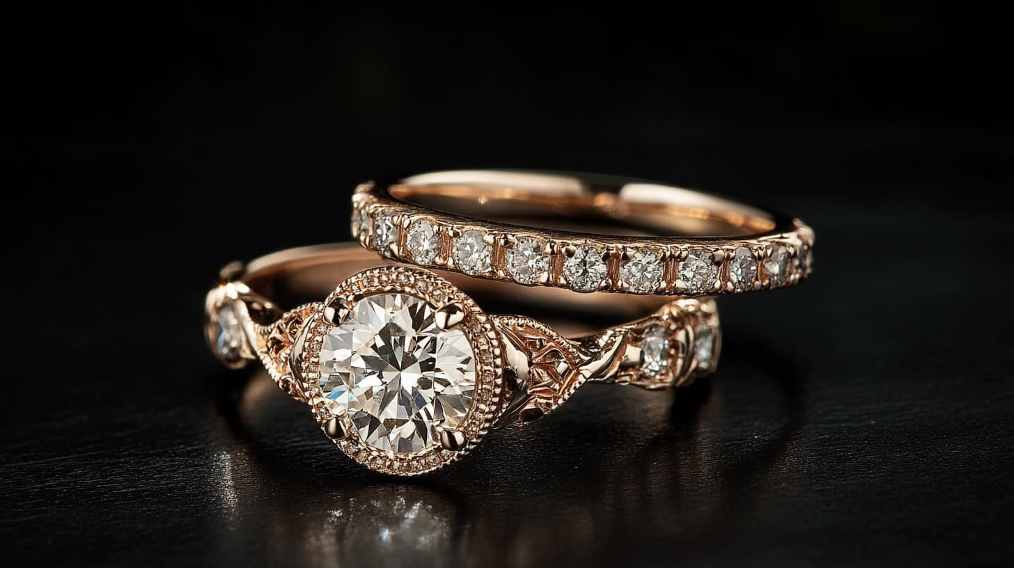 Rose gold halo engagement ring stacked with a diamond pave wedding band on black