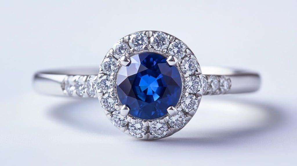 Stunning halo engagement ring featuring a deep blue sapphire center stone surrounded by a halo of white diamonds on a platinum band.