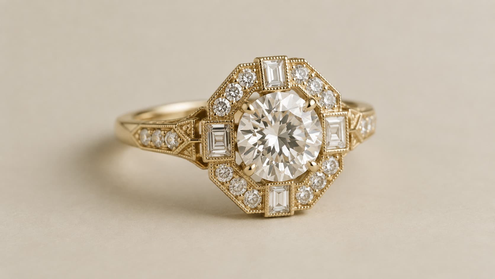 Vintage Art Deco style halo engagement ring with a round center diamond and baguette diamond accents in a gold setting