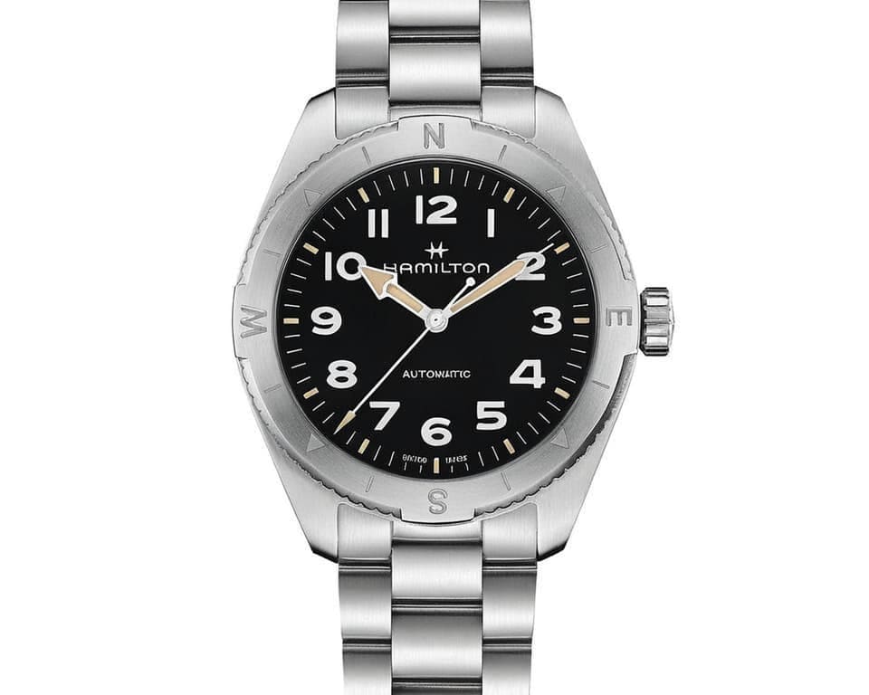 Hamilton field watch with black dial, compass bezel and steel bracelet