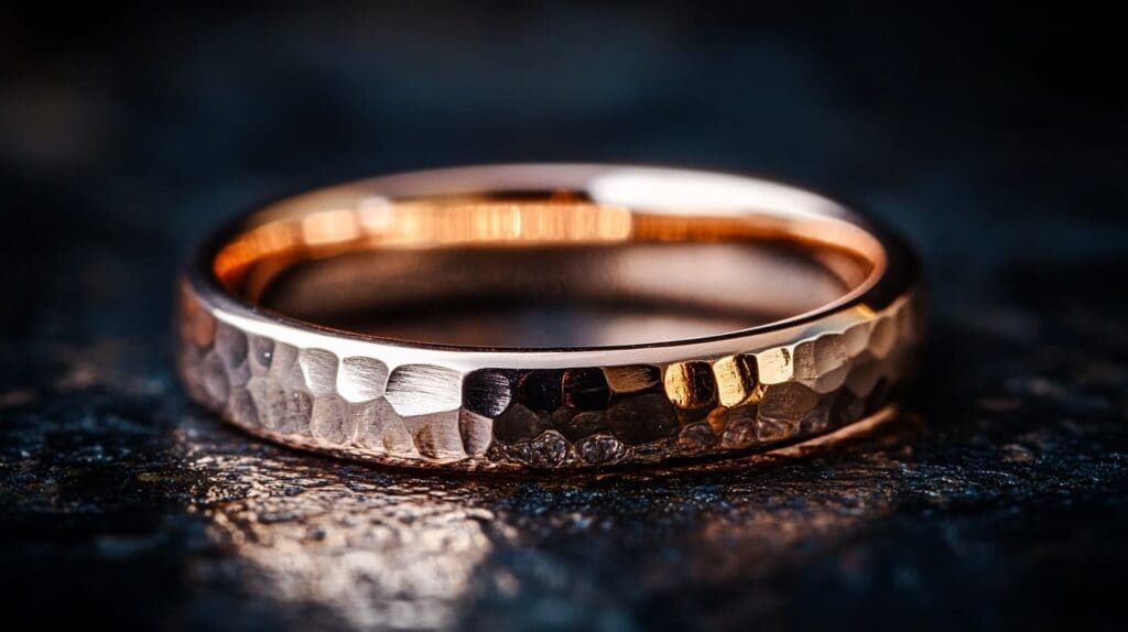 A unique hammered rose gold wedding ring, representing individuality and romantic love.