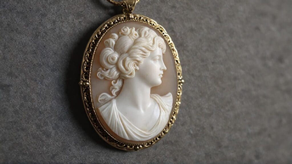 Close-up of a hand-carved shell cameo necklace with intricate female profile and gold detailing