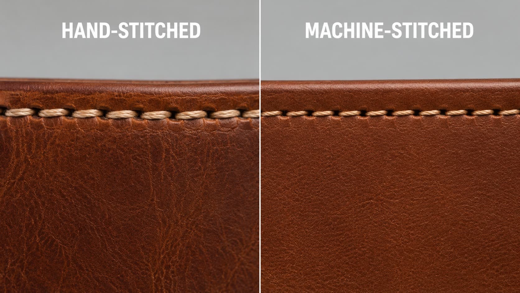 Close-up comparison of hand-stitched and machine-stitched leather seams side by side