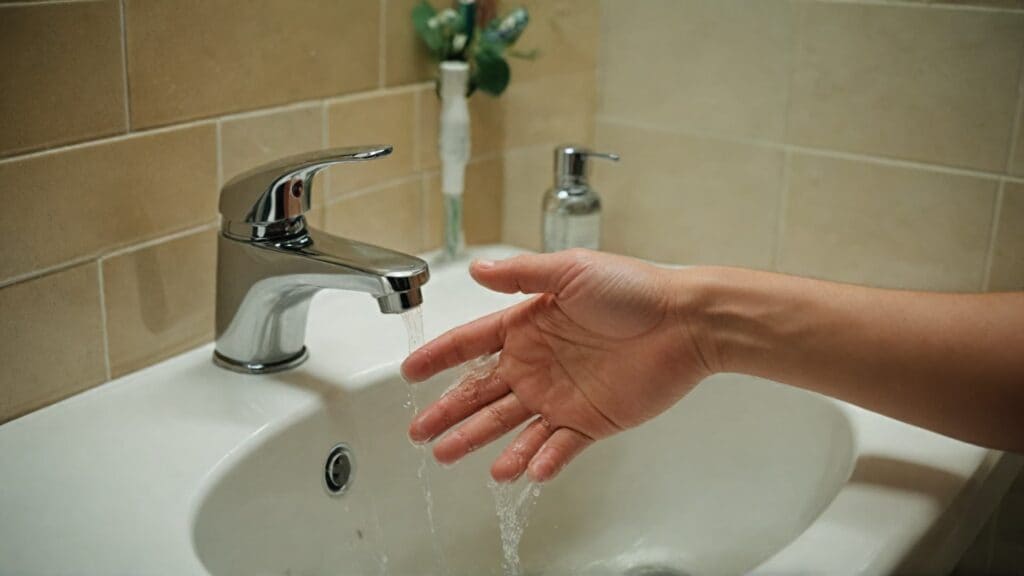 Hands being washed at modern bathroom sink with running water, demonstrating normal daily hand washing routine
