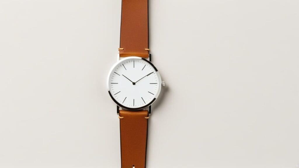 Hand-wound watch featuring classic white dial with black markers on brown leather strap demonstrating traditional manual-wind timepiece styling