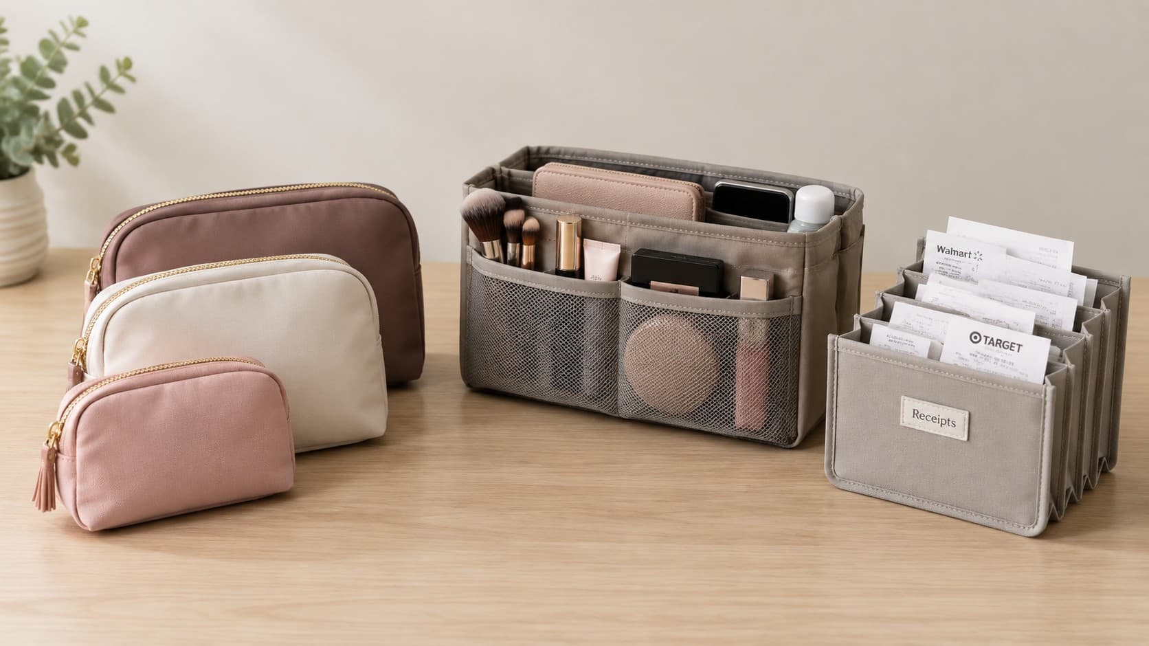 Small makeup pouches, a bag organizer insert, and a receipt organizer on a table