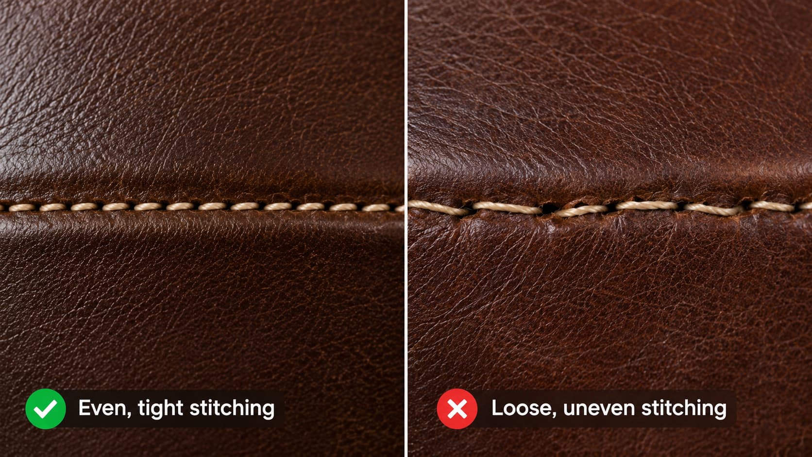 Comparison of even, tight stitching versus loose, uneven stitching on leather