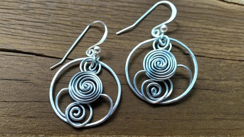 Pair of handcrafted aluminum wire earrings with intricate spiral designs, displayed on a wooden surface.