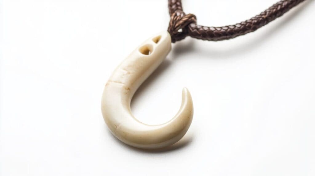 Hand-carved fish hook pendant made from natural bone, paired with a braided leather cord, representing Hawaiian heritage and maritime connection.