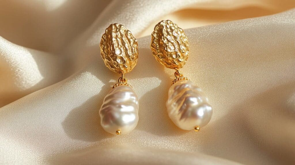 Close-up of handmade gold earrings with textured metal and baroque pearl drops, displayed on a soft champagne-colored fabric.