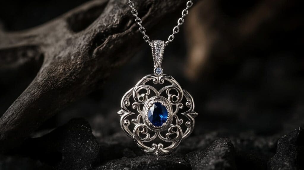 Elegant handmade silver pendant necklace featuring an ornate filigree design with a deep blue sapphire gemstone, set against a dark background.