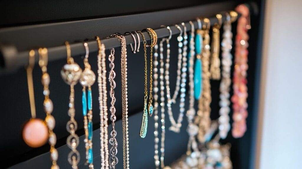 Hanging necklace organizer displaying various necklaces to prevent tangling and damage.