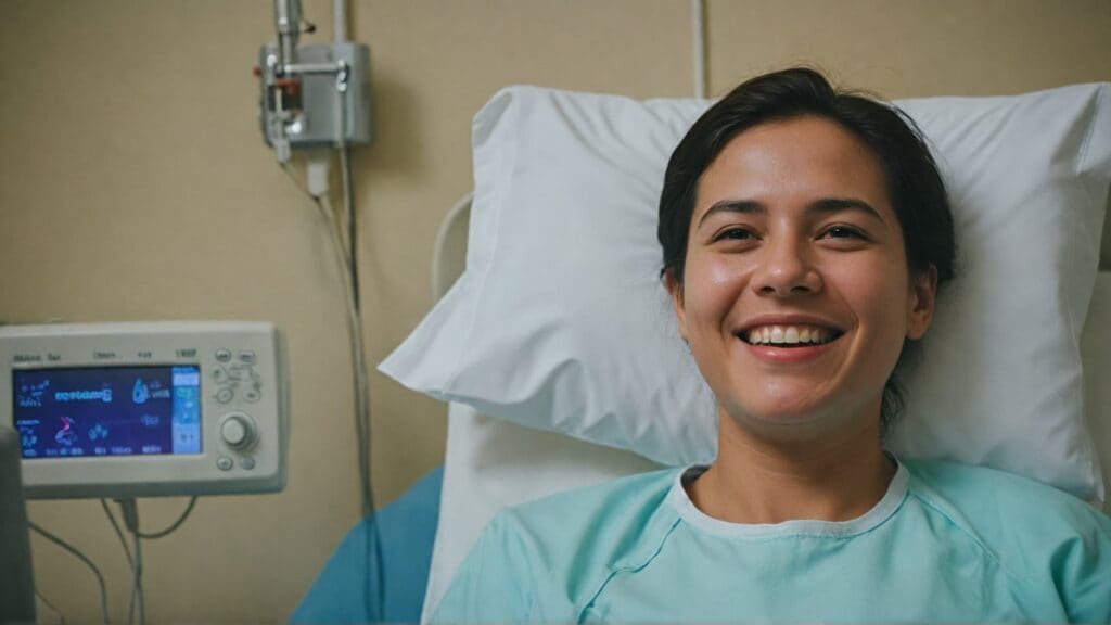 Smiling female patient in hospital gown after successful medical scan procedure in healthcare facility