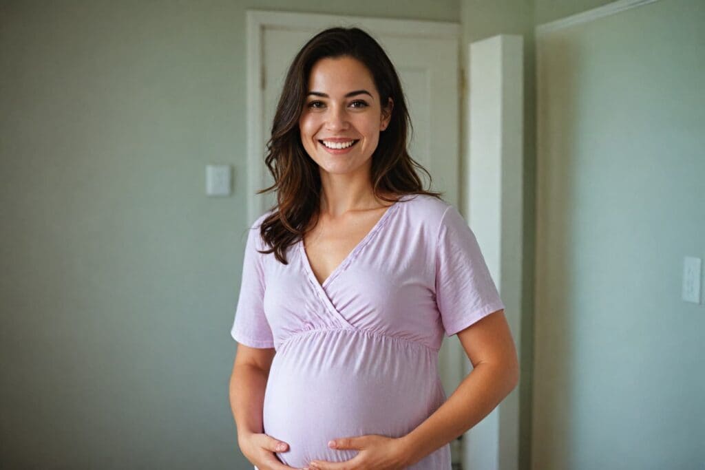 Smiling pregnant woman in purple maternity dress holding baby bump, wearing safe jewelry during pregnancy