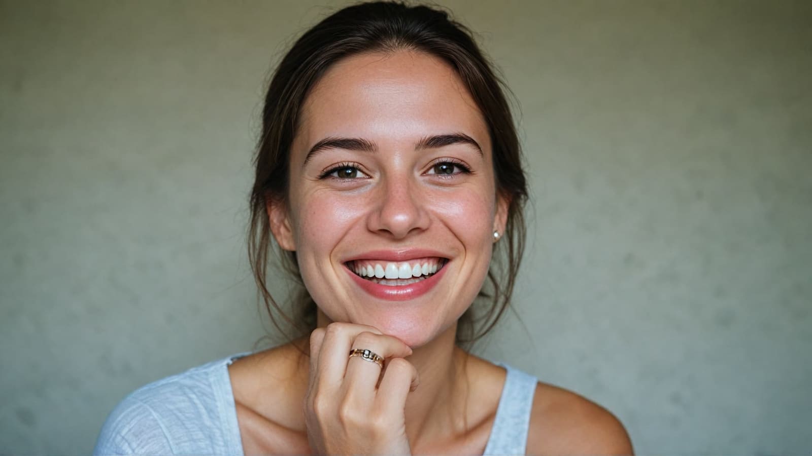 Smiling woman resting her chin on a hand wearing a slim stacked ring