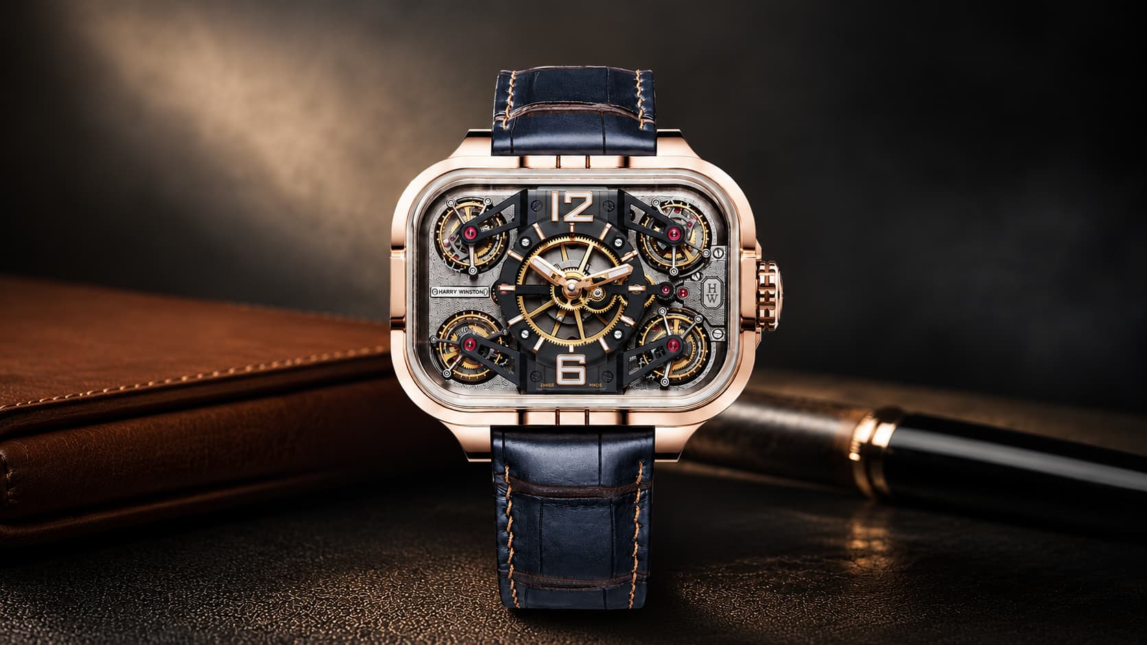 Harry Winston Histoire de Tourbillon 10 watch with rose gold case and four visible tourbillons