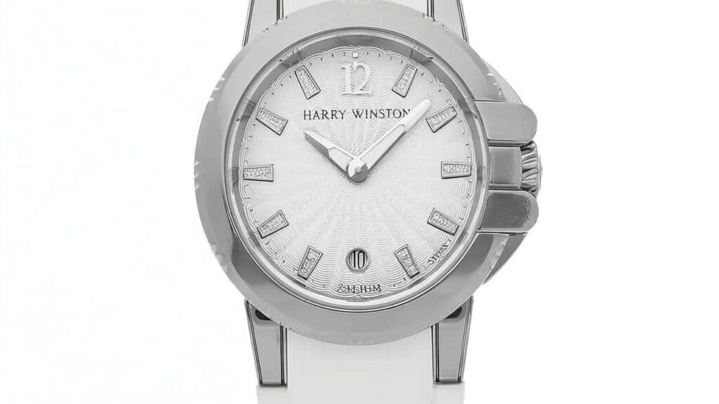 Harry Winston Ocean collection watch featuring silver Zalium case with textured dial and diamond hour markers showcasing luxury sports watch design