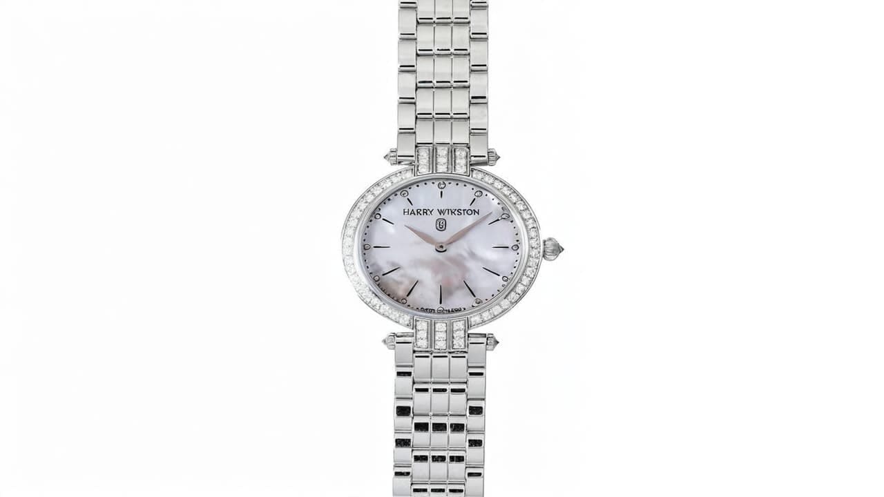 Harry Winston Premier ladies watch with diamond-set oval bezel and mother-of-pearl dial