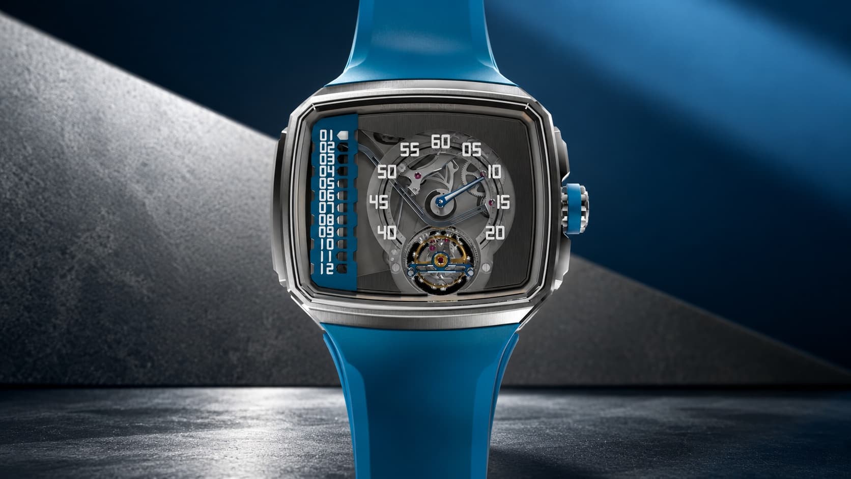 Hautlence Linear Series 1 REF AD50-ST00 watch with blue rubber strap and jumping hour display