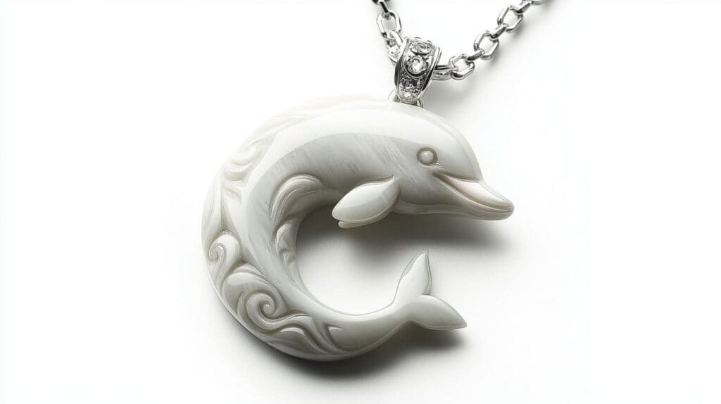Hawaiian-style carved dolphin pendant made from white shell, featuring flowing designs inspired by traditional Pacific Island artistry.