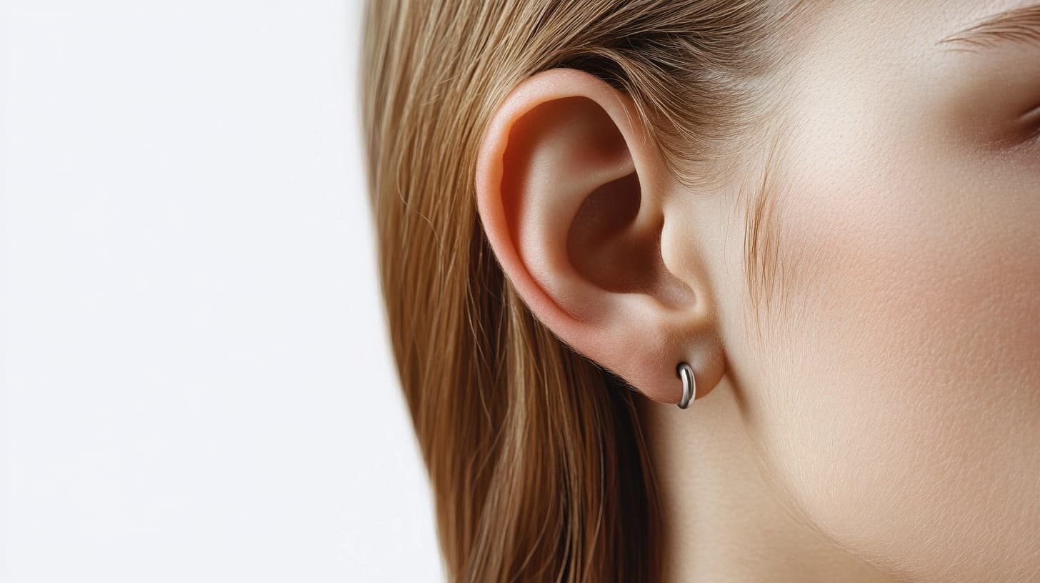 Close-up of a healed ear lobe piercing with a small silver huggie hoop