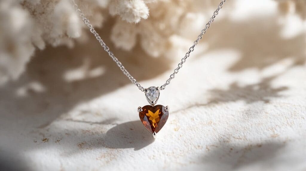 Elegant necklace featuring a heart-shaped Axinite gemstone and a diamond accent on a delicate silver chain, displayed against a soft background.