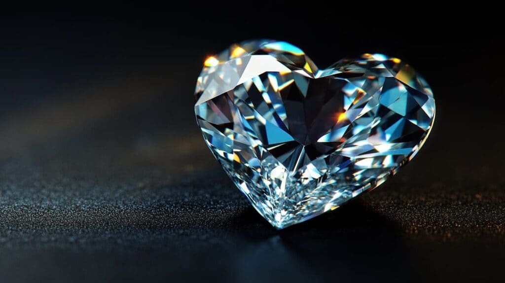 A close-up of a heart-shaped diamond resting on a dark textured surface, reflecting light through its expertly cut facets for maximum sparkle.