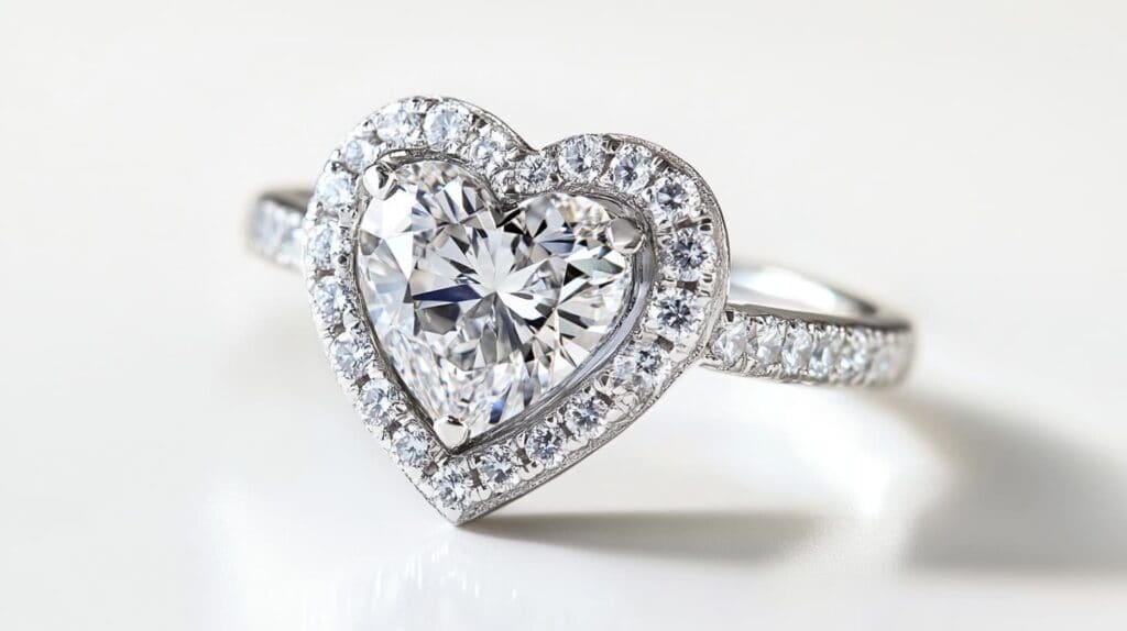 A dazzling heart-shaped diamond ring with a halo setting, featuring a pave diamond band and intricate metalwork for added brilliance and elegance.