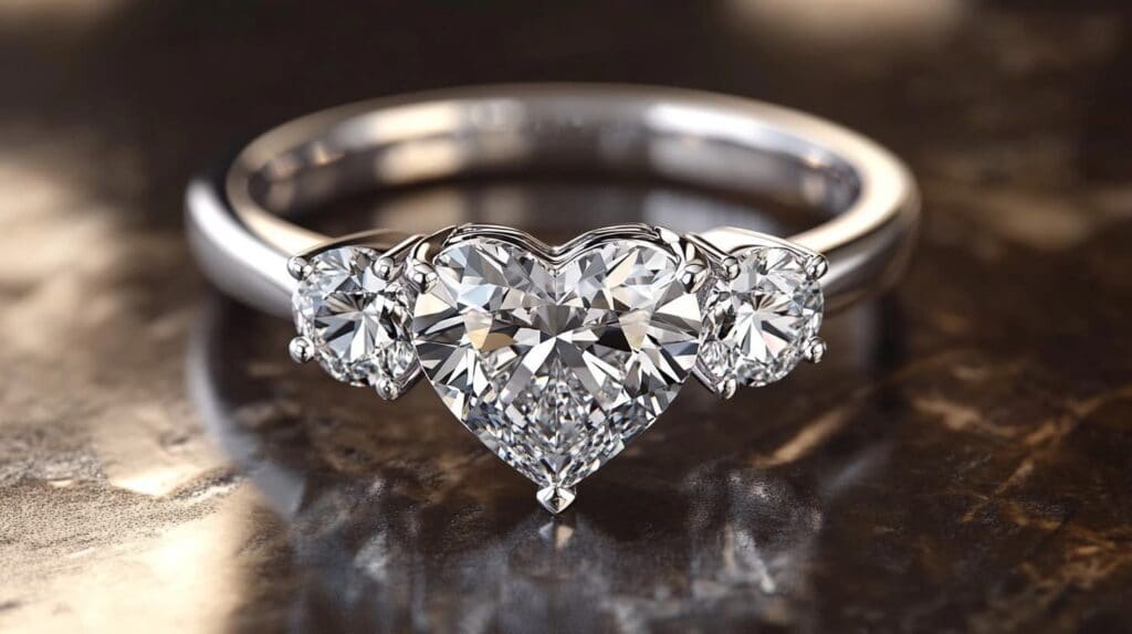 A stunning heart-shaped diamond engagement ring with a three-stone design, featuring two round side diamonds set in a sleek platinum band.