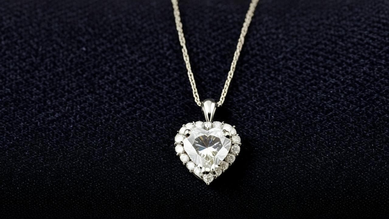 Heart-shaped diamond in a diamond halo pendant on a chain over navy fabric