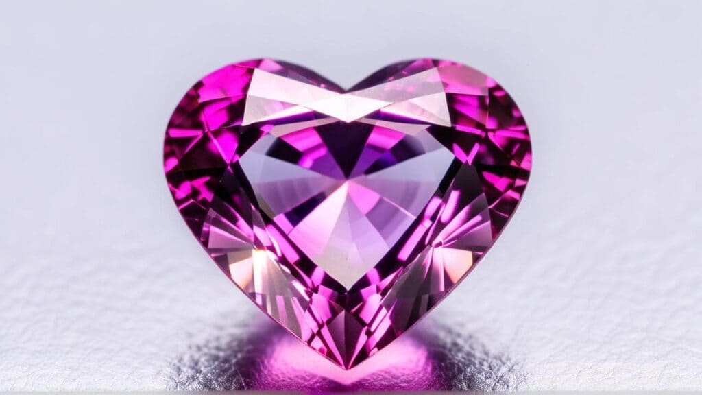 Heart-shaped pink sapphire gemstone with vivid color and precise faceting, displayed on a reflective surface.