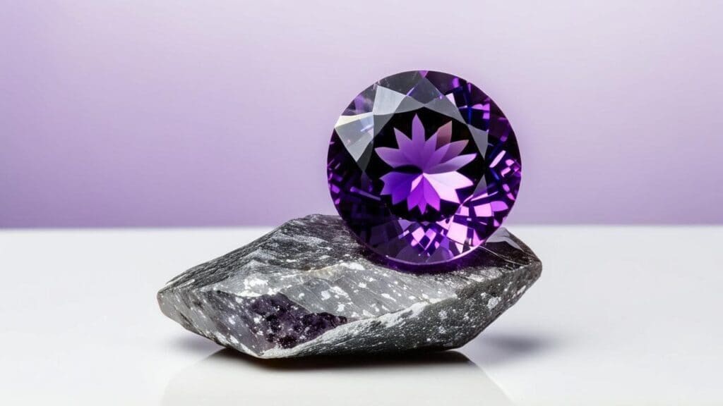 Faceted purple amethyst gemstone displayed on a raw rock, showcasing the effects of heat treatment in enhancing its rich color.