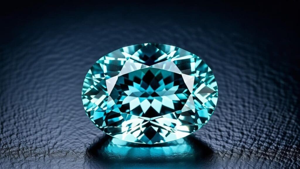Brilliantly faceted aquamarine gemstone with a deep blue-green hue, enhanced through heat treatment to improve color and clarity.