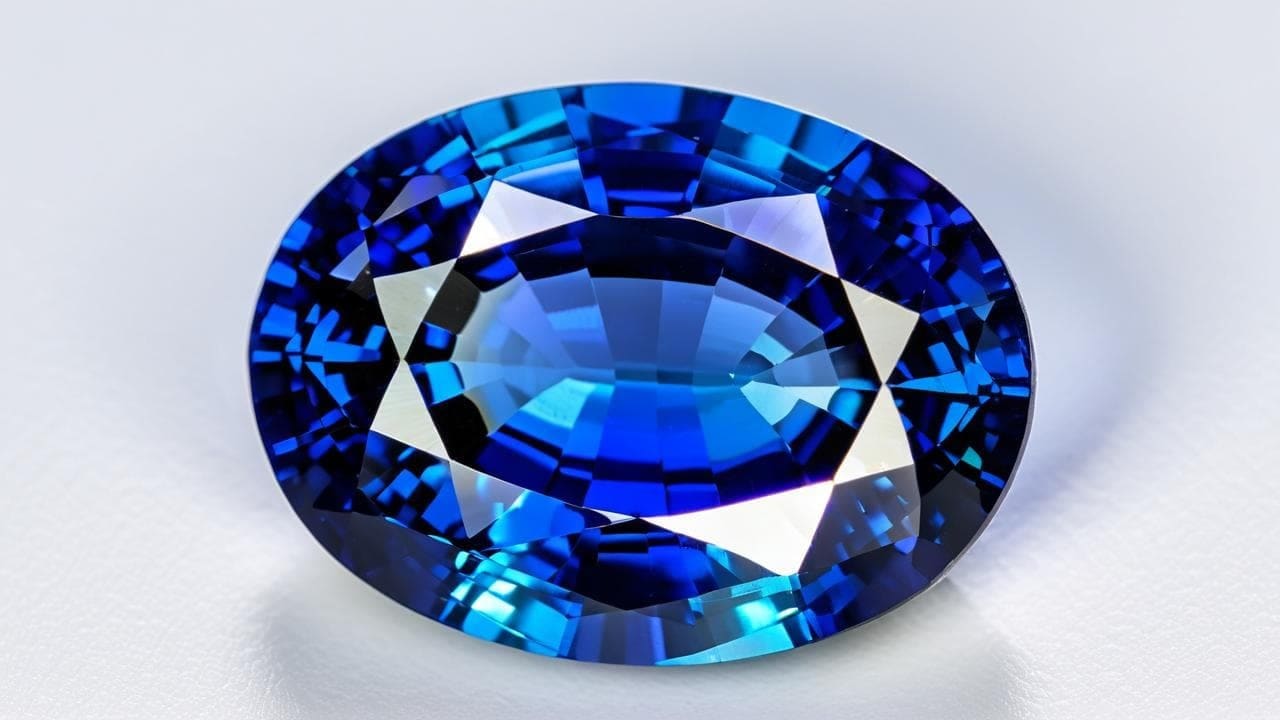 Oval-cut royal blue sapphire with bright facets on a white surface