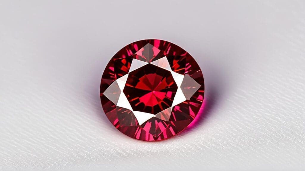 Brilliantly cut red ruby gemstone, treated with high-temperature heat enhancement to intensify its color and clarity.