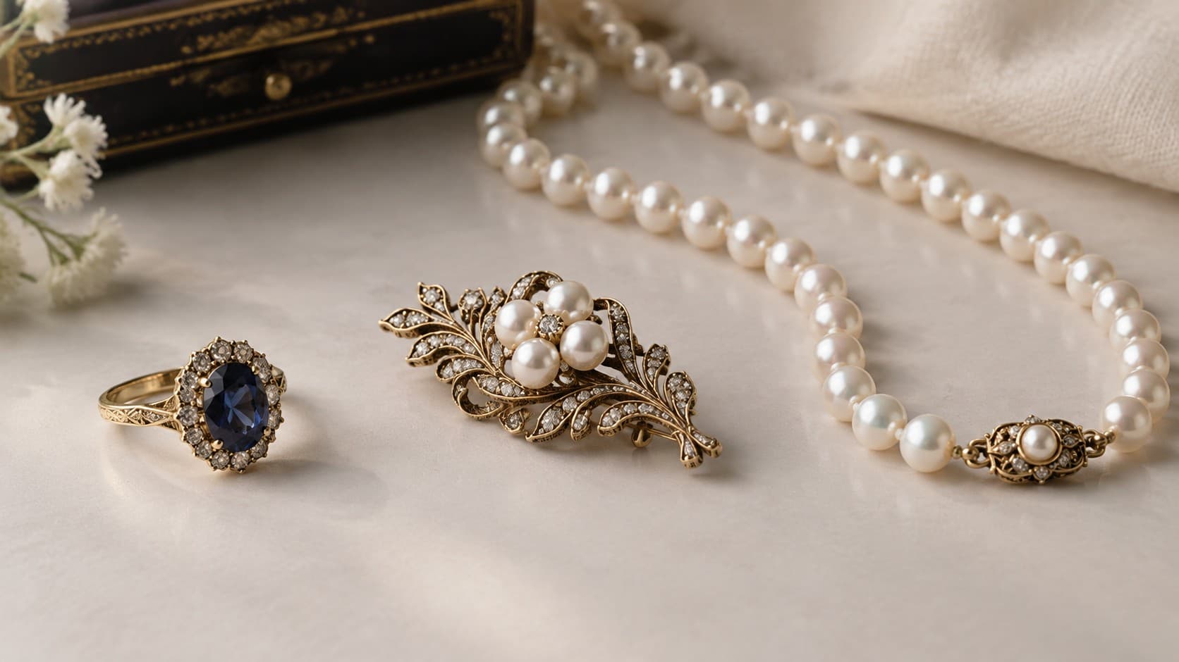Antique sapphire ring, pearl brooch, and pearl necklace displayed together as heirloom jewelry