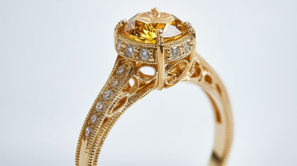 A stunning Heliodor engagement ring with a golden-yellow gemstone set in an intricate gold band adorned with diamonds, blending vintage charm with modern elegance.