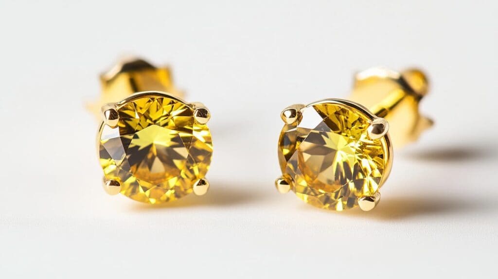 Pair of elegant Heliodor stud earrings featuring faceted golden-yellow gemstones in gold prong settings, showcasing the gemstone's brilliance and timeless appeal.