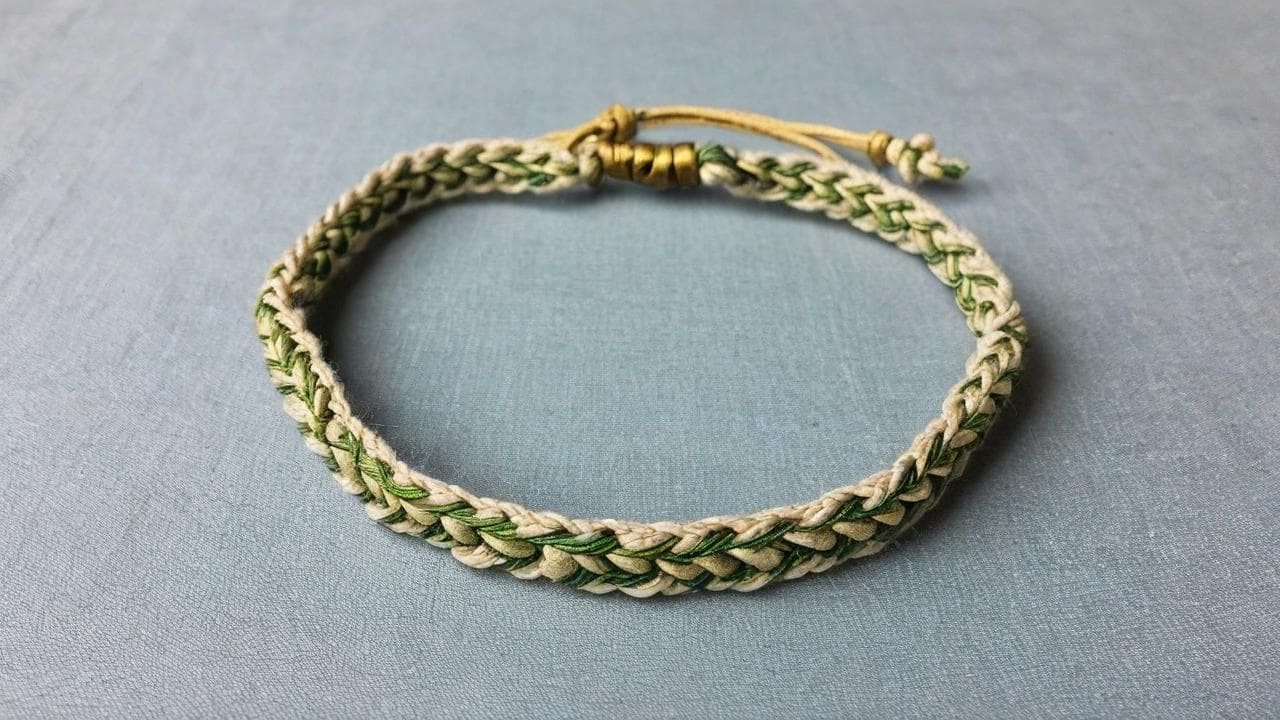 Braided hemp bracelet in cream and green with an adjustable knot closure