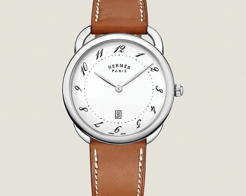 Hermès Arceau watch featuring white dial with Arabic numerals, brown saddle-stitched leather strap, and distinctive stirrup-inspired lugs