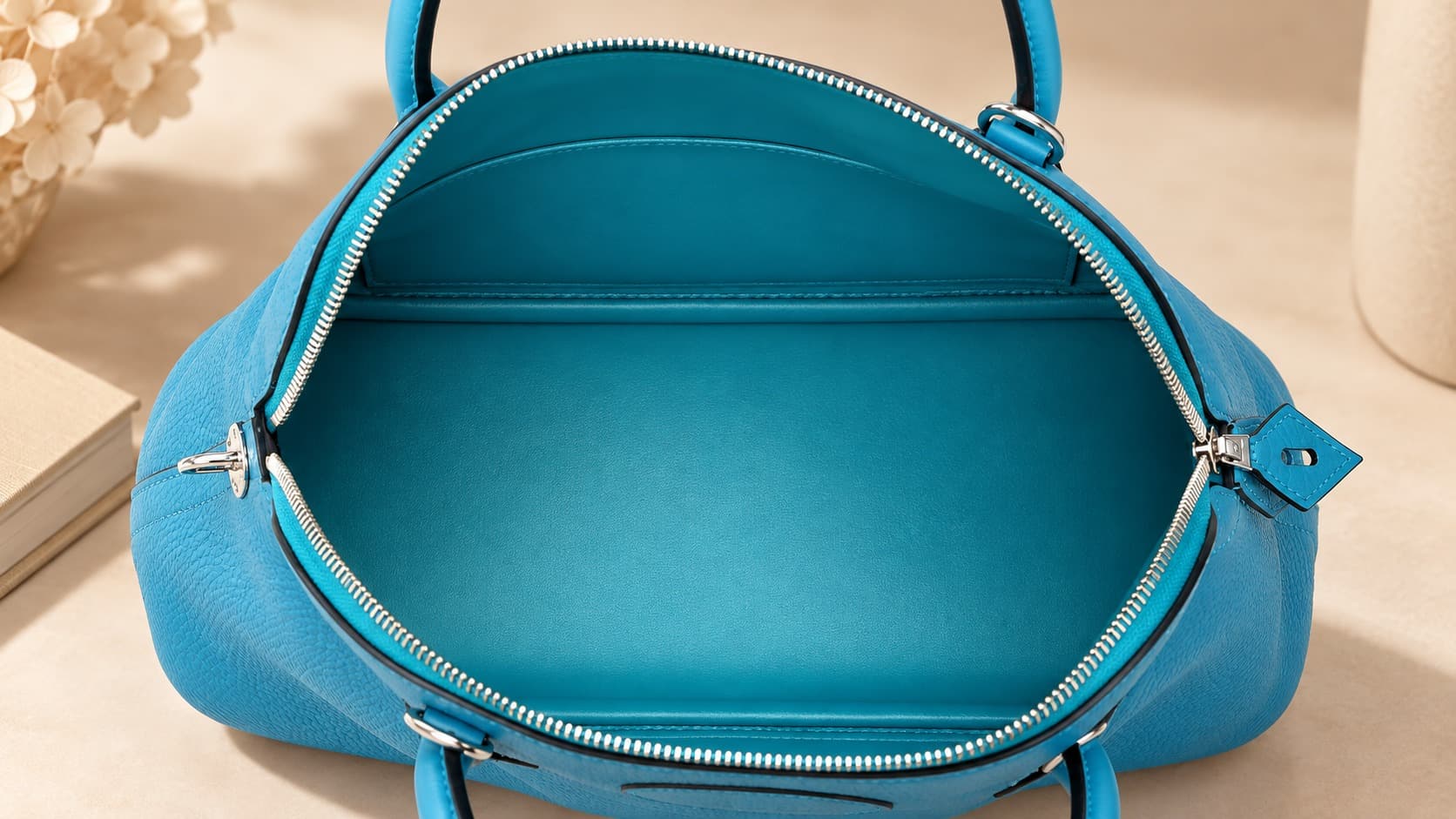 Hermès Bolide bag interior showing smooth leather lining