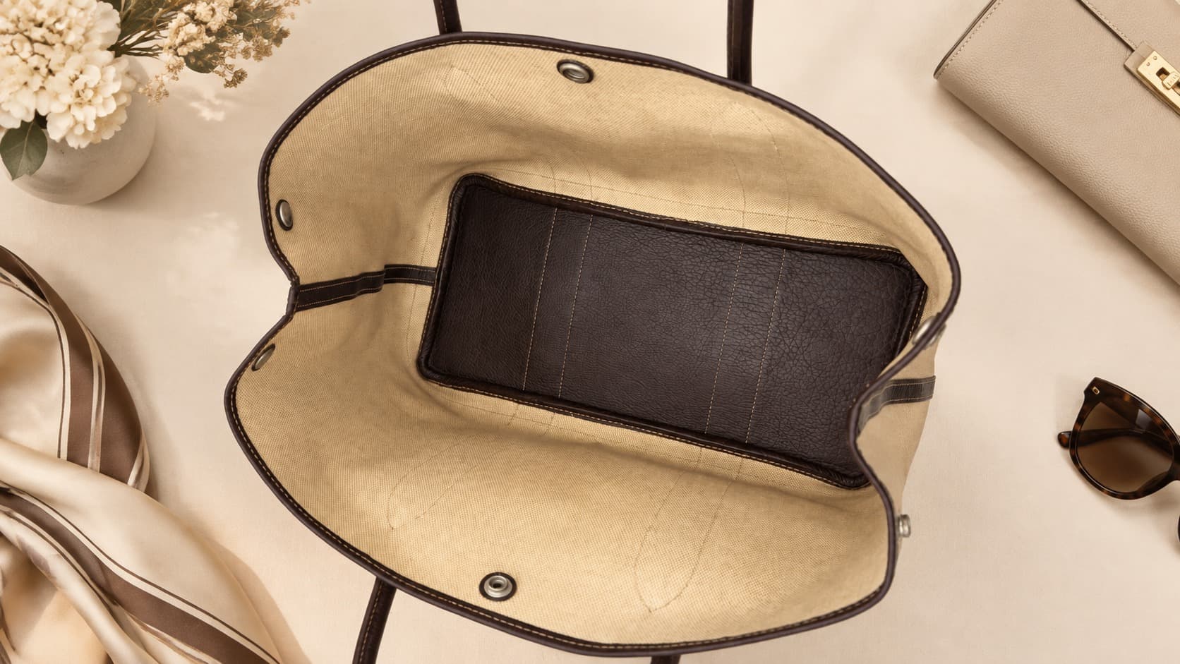 Hermès Garden Party tote interior showing canvas fabric lining