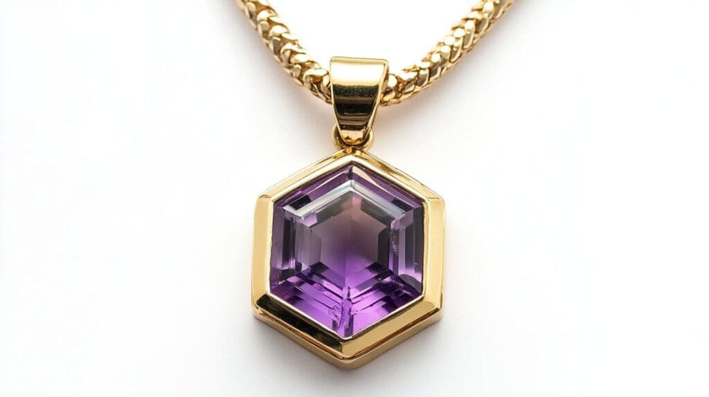 A hexagon-cut amethyst pendant set in a gold bezel, suspended from a gold chain, showcasing the gemstone's step-cut faceting and deep purple hue.