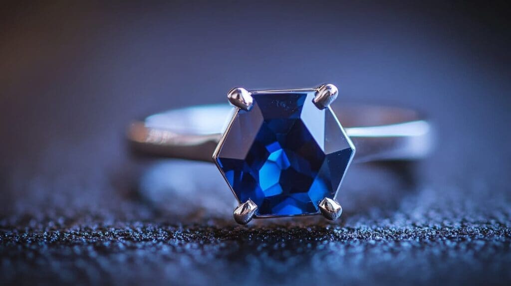 A hexagon-cut blue sapphire ring set in a silver band with prong settings, featuring a deep blue gemstone with a brilliant faceting pattern.